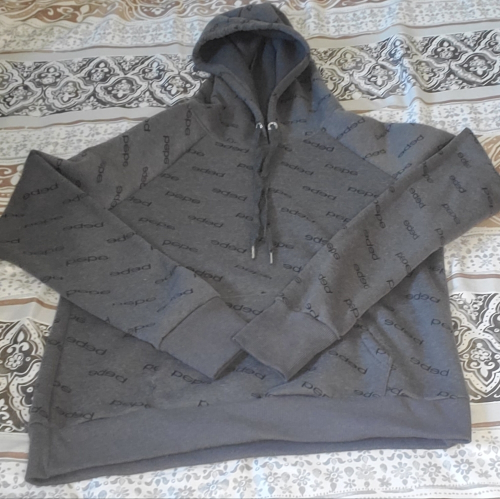 bebe Charcoal Gray Allover Logo Hooded Sweatshirt